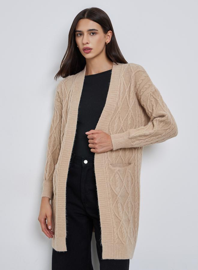 Take Two Beige Knitted Knee Length Cardigan Sweater - Image 2