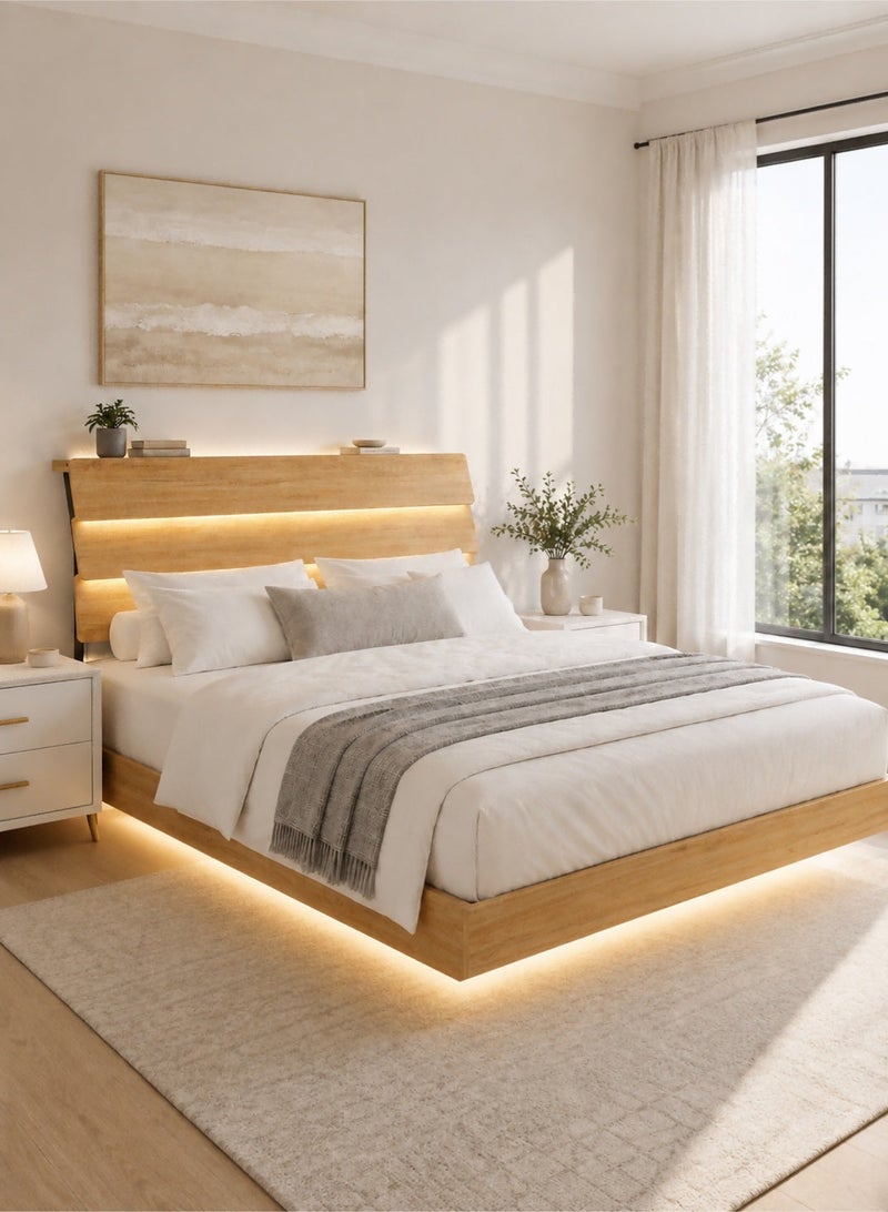 يانارا 160 سم إطار سرير كوين سايز طائر بإضاءة LED ومحطة شحن – إطار حديدي بتشطيب خشبي ورأس سرير بتخزين، شرائح معدنية ثقيلة التحمل، لا حاجة لسوستة، تجميع سهل - Image 2