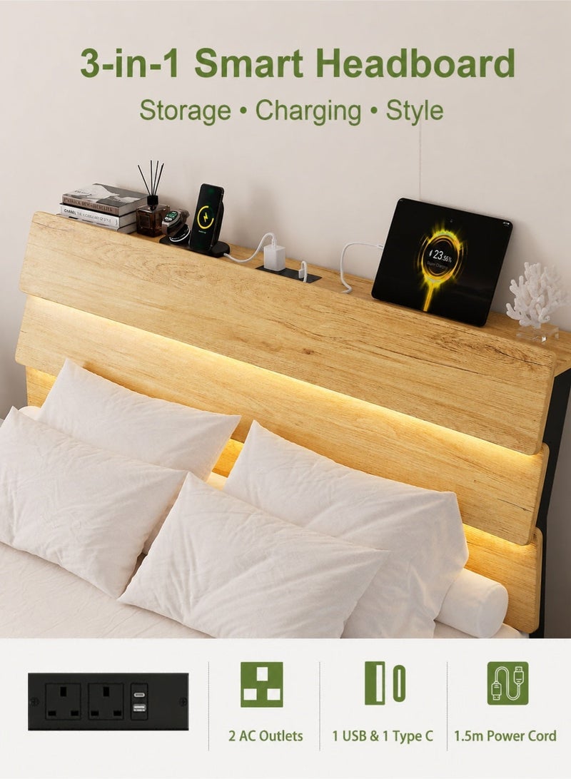 يانارا 160 سم إطار سرير كوين سايز طائر بإضاءة LED ومحطة شحن – إطار حديدي بتشطيب خشبي ورأس سرير بتخزين، شرائح معدنية ثقيلة التحمل، لا حاجة لسوستة، تجميع سهل - Image 3