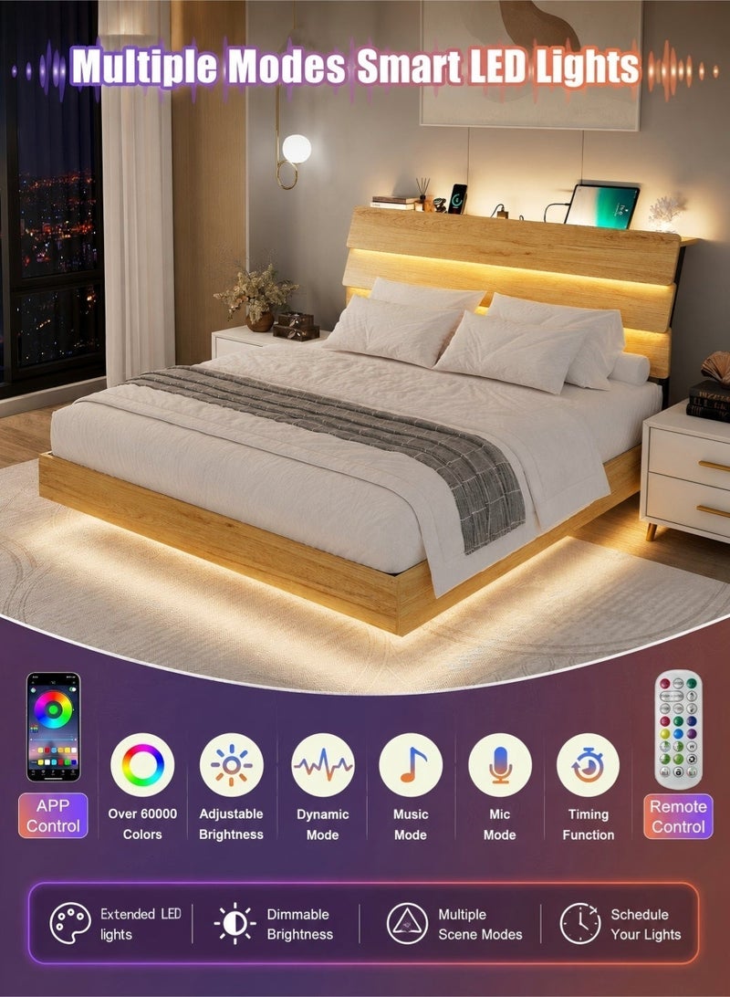 يانارا 160 سم إطار سرير كوين سايز طائر بإضاءة LED ومحطة شحن – إطار حديدي بتشطيب خشبي ورأس سرير بتخزين، شرائح معدنية ثقيلة التحمل، لا حاجة لسوستة، تجميع سهل - Image 4
