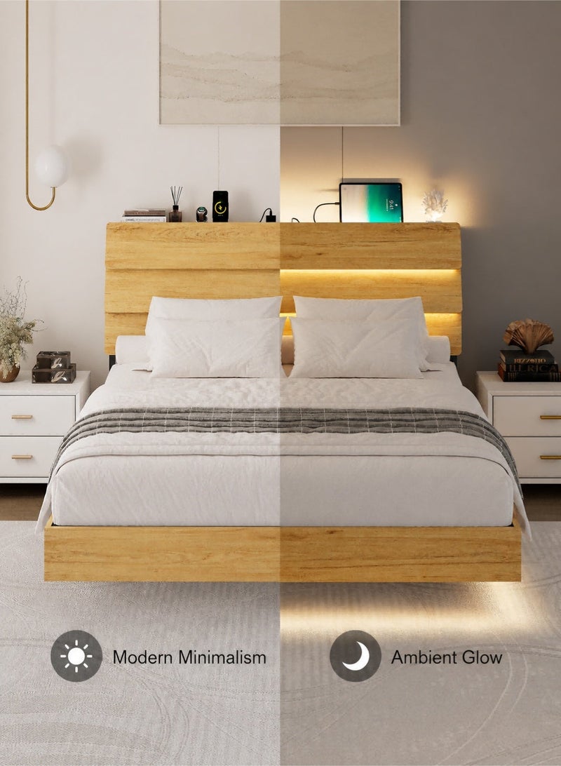 Yanara 160cm Queen Size Floating Bed Frame with LED Lights and Charging Station – Iron Bed Frame with Wood Trim and Storage Headboard, Heavy Duty Metal Slats, No Box Spring Needed, Easy Assembly - Image 5