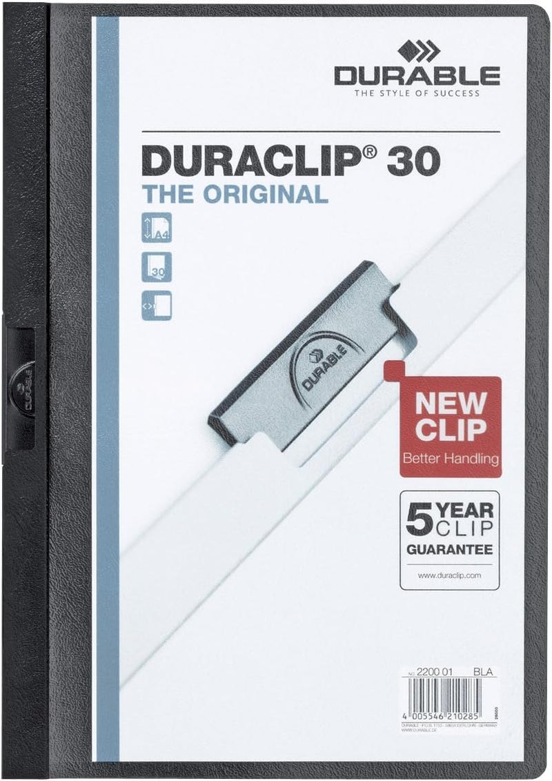Durable DURACLIP 30 A4 Clip Folder - Holds Up to 30 Sheets of A4 Paper - Strong Metal Sprung Clip - Pack of 25 Black Colour Folders for Organising Documents - Image 1