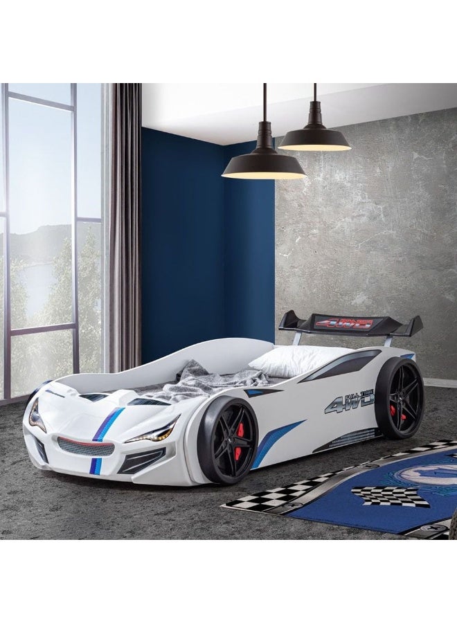 DANUBE HOME سرير سيارة كيندر رايسر 90X190 بتصميم عصري متين من الخشب للأطفال إطار سرير فردي أثاث هادئ ومريح (الماتريس غير مشمول) صنع في تركيا L225xW95xH64cm - أبيض - Image 4