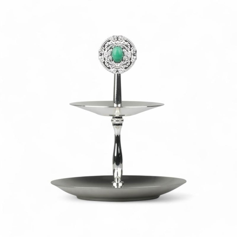 Soleter Dessert Stand 16cm Silver/Green - 2-Tier Metal Stand with Ornate Green Stone Finial & Filigree Detail, Premium Serveware for Wedding & Home Decor
