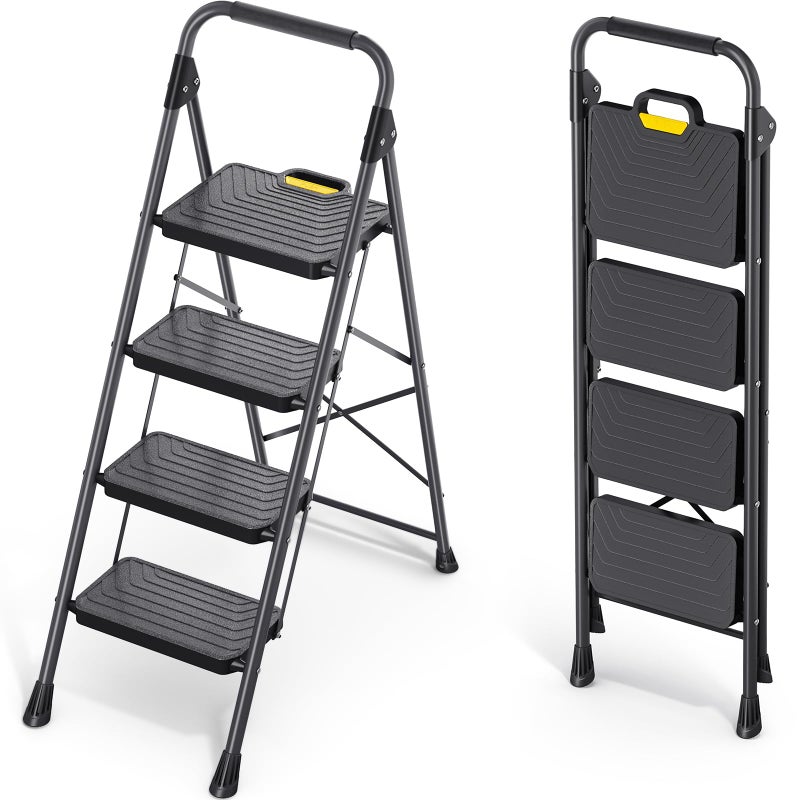 KINGRACK 4 Step Ladder, Sturdy Steel Step Stool with Anti-Slip Wide Pedals, Handrail, Safe-Lock Design, Pass 800lbs Load Testing, Folding Portable Ladder for Multi-Purpose, Home, Kitchen, Black - Image 1