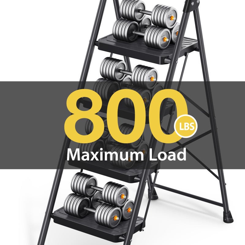 KINGRACK 4 Step Ladder, Sturdy Steel Step Stool with Anti-Slip Wide Pedals, Handrail, Safe-Lock Design, Pass 800lbs Load Testing, Folding Portable Ladder for Multi-Purpose, Home, Kitchen, Black - Image 4