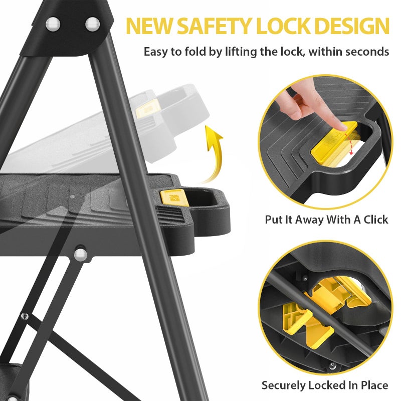 KINGRACK 4 Step Ladder, Sturdy Steel Step Stool with Anti-Slip Wide Pedals, Handrail, Safe-Lock Design, Pass 800lbs Load Testing, Folding Portable Ladder for Multi-Purpose, Home, Kitchen, Black - Image 2