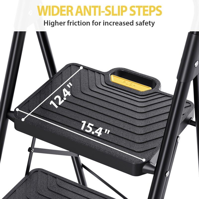 KINGRACK 4 Step Ladder, Sturdy Steel Step Stool with Anti-Slip Wide Pedals, Handrail, Safe-Lock Design, Pass 800lbs Load Testing, Folding Portable Ladder for Multi-Purpose, Home, Kitchen, Black - Image 3