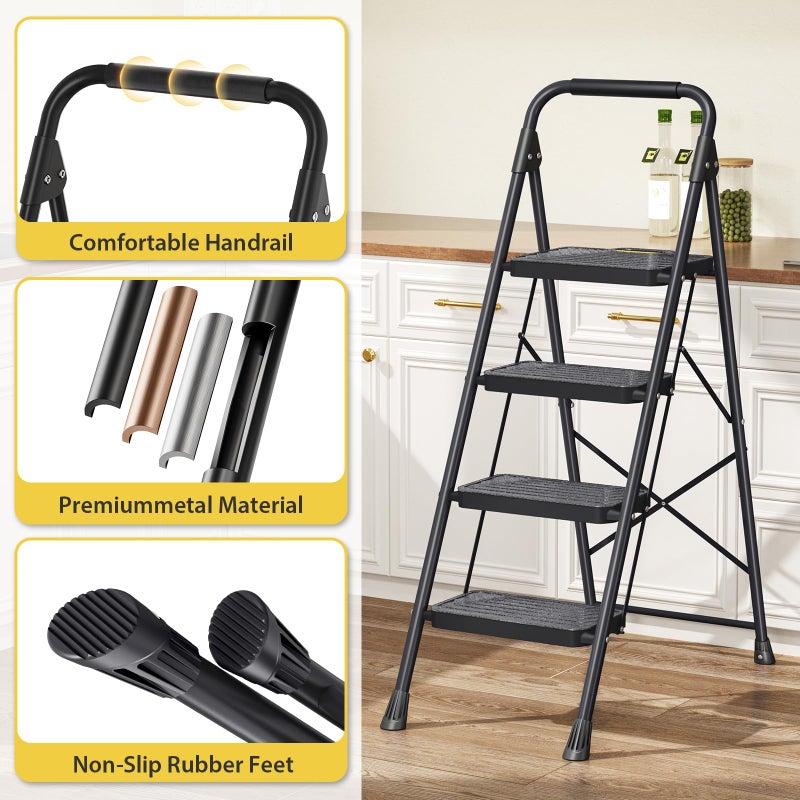KINGRACK 4 Step Ladder, Sturdy Steel Step Stool with Anti-Slip Wide Pedals, Handrail, Safe-Lock Design, Pass 800lbs Load Testing, Folding Portable Ladder for Multi-Purpose, Home, Kitchen, Black - Image 5