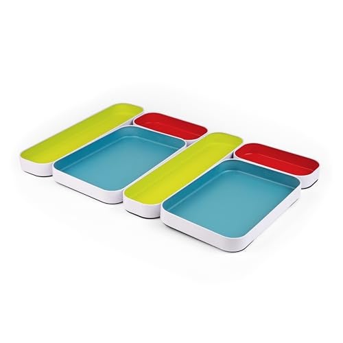 Three by Three Seattle 6 Piece Shallow Metal Organizer Tray Set for Storing Makeup, Stationery, Utensils, and More in Office Desk, Kitchen and Bathroom Drawers (1 Inch, Multicolor) - Image 1