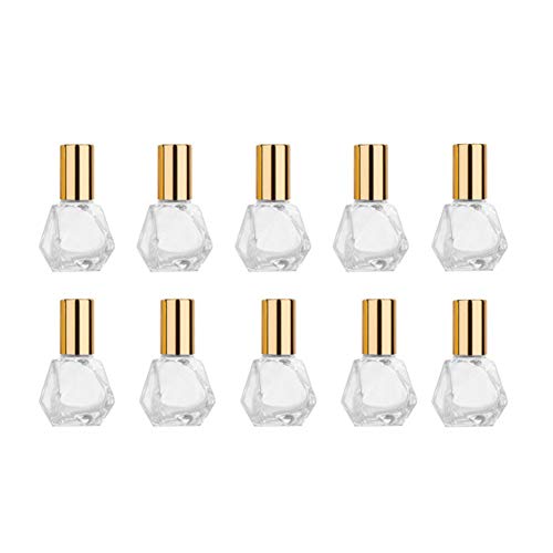 ConStore 10 PCS Mini Portable Polygonal Clear Glass Roller Bottle,8ml/0.27oz DIY Travel Essential Oil Roll On Bottle with Stainless Steel Ball Gold Cap - Image 1