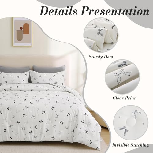 Jameswish 7 Pieces Black Bow Comforter Set for Girls Kids Soft Fluffy Bedding Set Queen Size Bed in A Bag as Gifts (1 Comforter, 1 Flat Sheet, 1 Fitted Sheet, 2 Pillowcase and 2 Pillow Sham) - Image 2