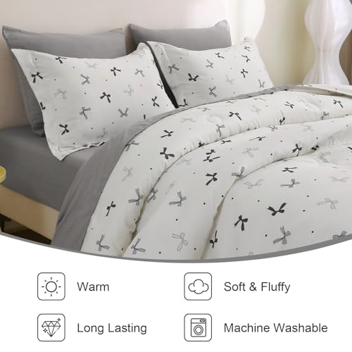 Jameswish 7 Pieces Black Bow Comforter Set for Girls Kids Soft Fluffy Bedding Set Queen Size Bed in A Bag as Gifts (1 Comforter, 1 Flat Sheet, 1 Fitted Sheet, 2 Pillowcase and 2 Pillow Sham) - Image 3