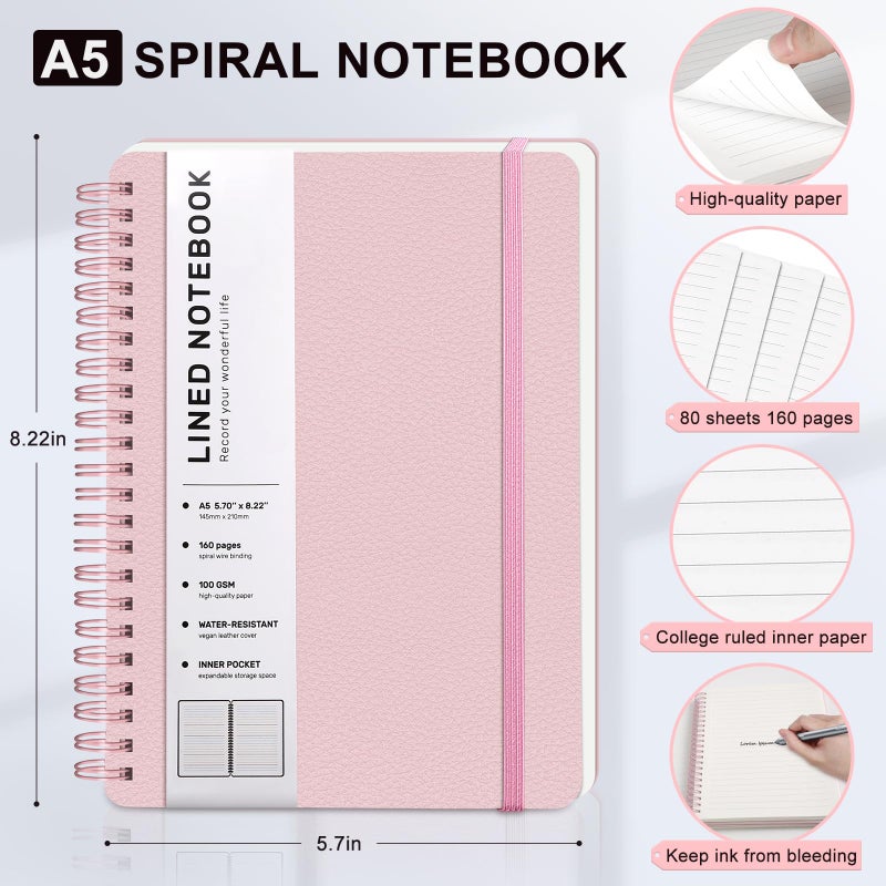 LACCHOUFEE Lined Spiral Journal Notebook, A5 Hardcover Leather Notebook for Work, 5.7''Ã—8.2'', 100GSM Thick Paper Spiral Bound Journaling Notebooks for Women & Men Office School Note Taking Business, Pink - Image 2