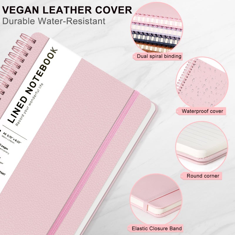 LACCHOUFEE Lined Spiral Journal Notebook, A5 Hardcover Leather Notebook for Work, 5.7''Ã—8.2'', 100GSM Thick Paper Spiral Bound Journaling Notebooks for Women & Men Office School Note Taking Business, Pink - Image 4
