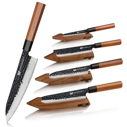 FINDKING Chefs Knives Set and Edge Guards, High Carbon Steel Kitchen Knives, Walnut Knife Holders, for Home Kitchen, Meat, Fruits, Vegetables, Dynasty Series, 8PCS - Image 1