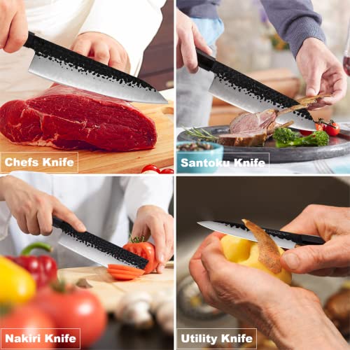 FINDKING Chefs Knives Set and Edge Guards, High Carbon Steel Kitchen Knives, Walnut Knife Holders, for Home Kitchen, Meat, Fruits, Vegetables, Dynasty Series, 8PCS - Image 4