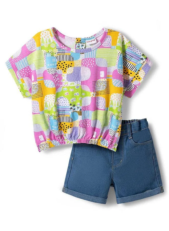 Babyhug Babyhug Single Jersey Knit Half Sleeves Printed Top & Denim Shorts Set - Multicolor