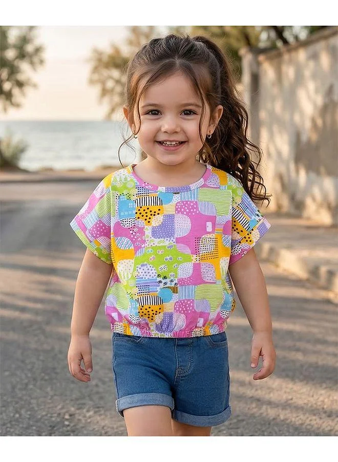Babyhug Babyhug Single Jersey Knit Half Sleeves Printed Top & Denim Shorts Set - Multicolor