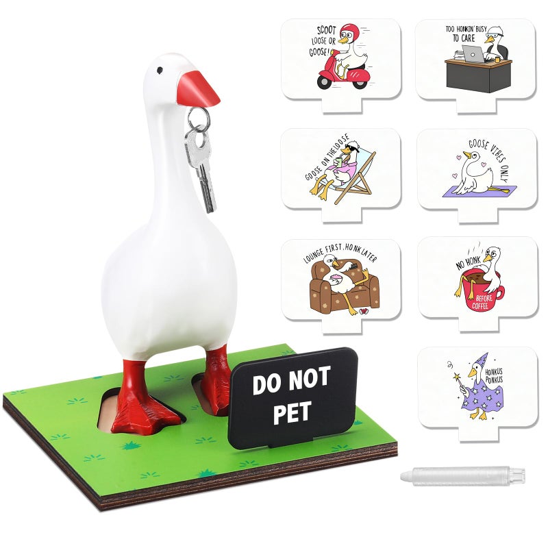 Relaxweex Magnetic Goose Key Holder Cute Statue Resin Goose Statue with Wooden Base Writable Sign Chalk for New Apartment Housewarming Gift Office Table Desk Home Decor (Cute Quotes,11 Pcs) - Image 1