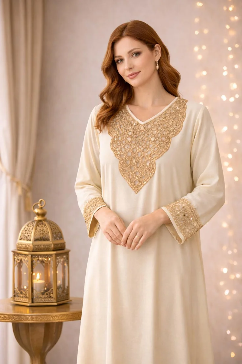 Artemea Women’s Festive Cream Jalabiya with Golden Embroidered Neckline & Lace Sleeves