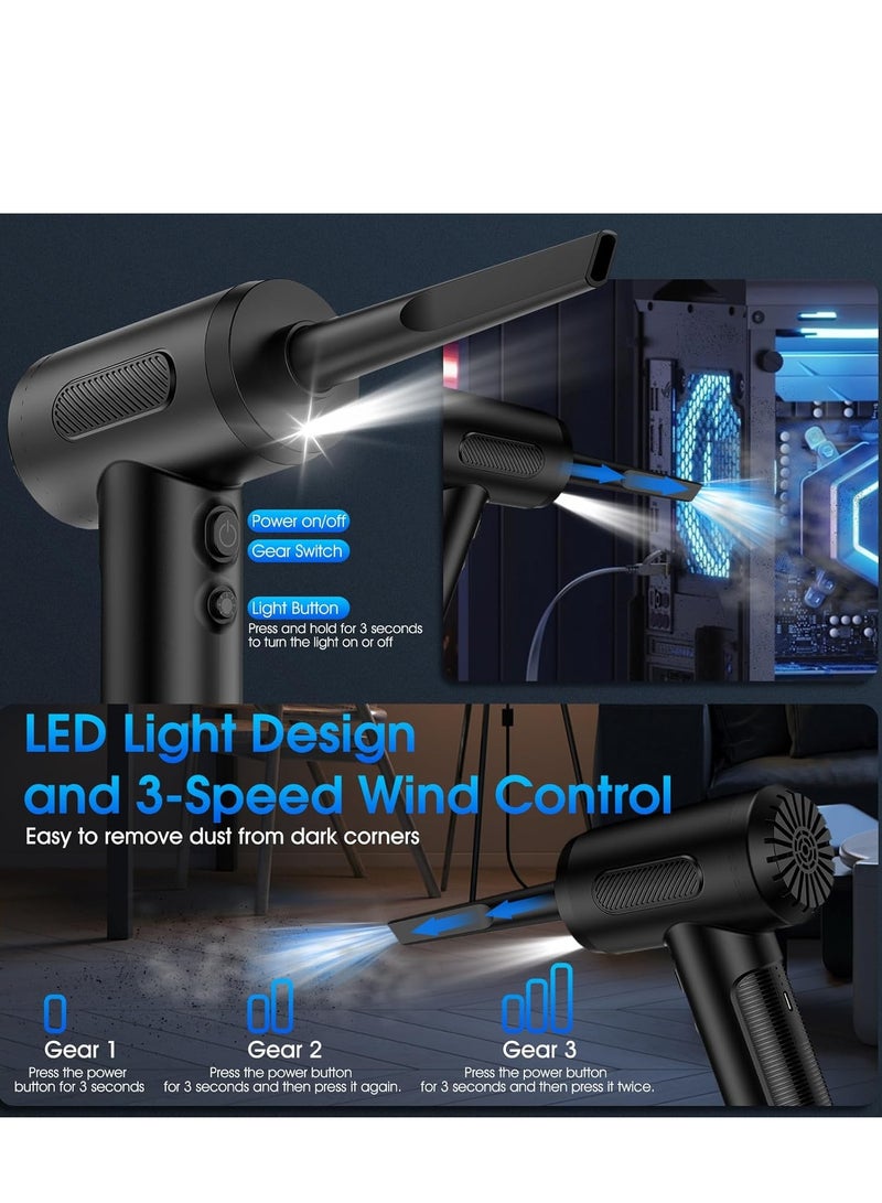 Compressed Air Duster, 100000RPM Handheld Car Vacuum/Air Blower& Pump, 3 Gear Adjustable Electric Air Duster/Car Vacuum Cleaner, Keyboard Duster with LED Light-10 Kits Air Blower for Computer - Image 4