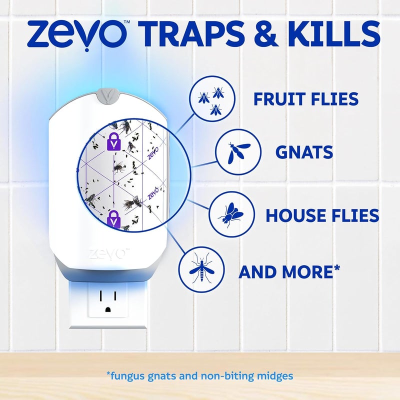 ZEVO 2 Flying Insect Traps & 4 Refill Cartridges - Plug in Fly Trap & Indoor Bug Catcher for Gnats, House & Fruit Flies - Blue & UV Light Technology, Mess-Free Alternative to Bug Zapper - Image 5