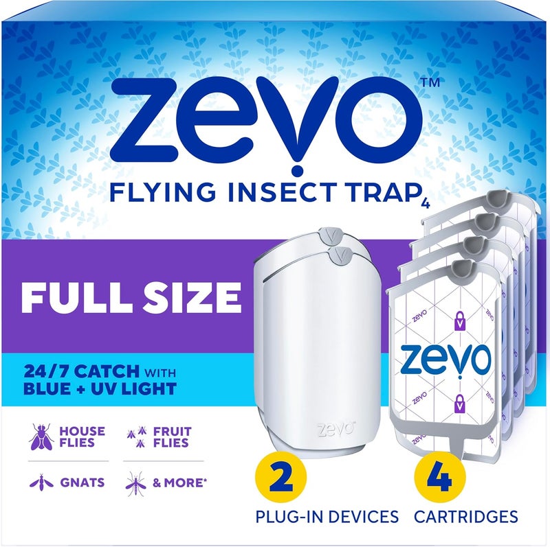 ZEVO 2 Flying Insect Traps & 4 Refill Cartridges - Plug in Fly Trap & Indoor Bug Catcher for Gnats, House & Fruit Flies - Blue & UV Light Technology, Mess-Free Alternative to Bug Zapper - Image 1