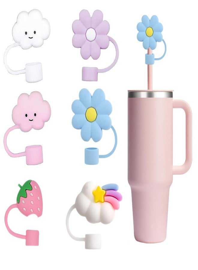 LDKEKDF 10mm Straw Cover for Stanley Cup, Compatible 6Pcs Cute Cloud Blossom Strawberry Straw Toppers for Tumblers, Reusable - Image 1