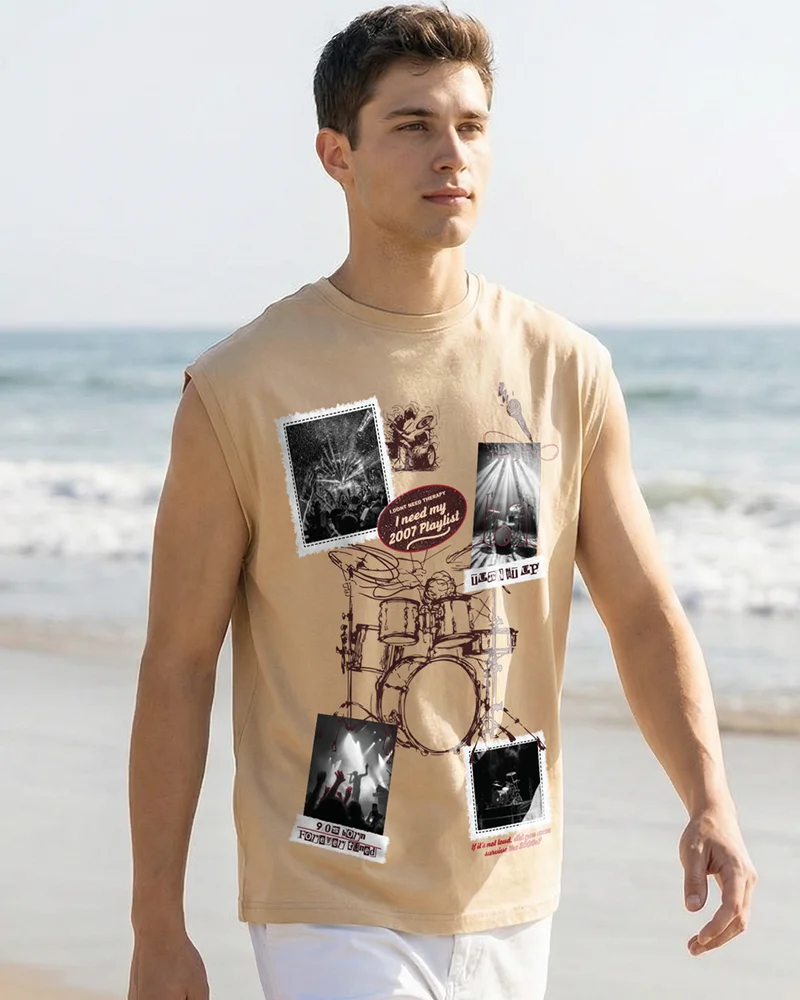 Men's Ginger Root Brown Turnit Up Graphic Printed Boxy Fit Vest