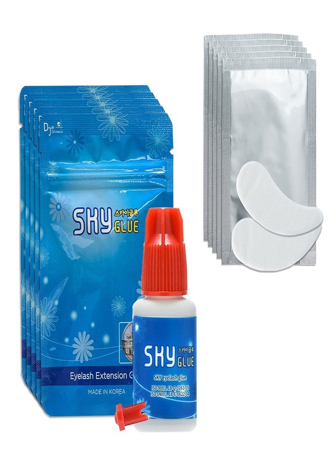 Sky Glue 5 Bottles Long Retention Eyelash Extensions Glue Sky S+ 5ml Professional Black Eyelash Extension Adhesive 1-2s Fast Drying 6-8 Weeks Lasting time by KBS with 5 Eyepatches (FiveFive Pack) - Image 1