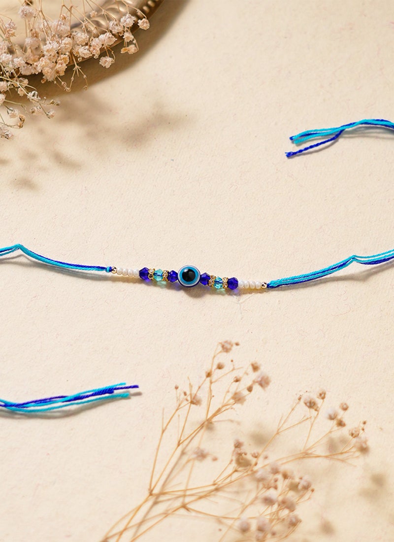 Madhoor Evil Eye Crystal Rakhi for Brother Blue White Designer Raksha Bandhan Thread ,Premium Handmade ,1 Piece-44 CM - Image 3