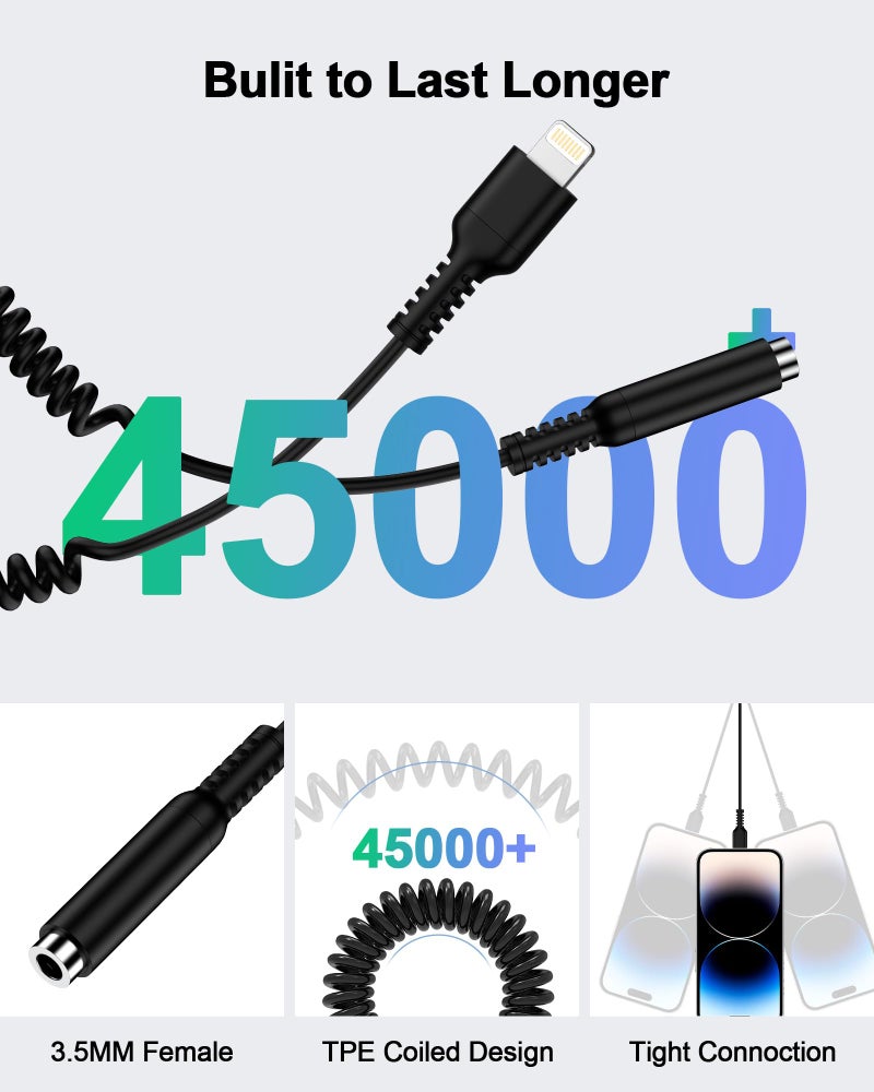 Haoano Lightning to 3.5mm Aux Adapter [MFI Certified] Coiled iPhone Headphone/Earphone Audio Jack Adaptor Apple Dongle Auxiliary Cord Converter Compatible with iPhone 14 Pro Max 13 Pro 12 Mini 11 SE3 X XR XS - Image 5