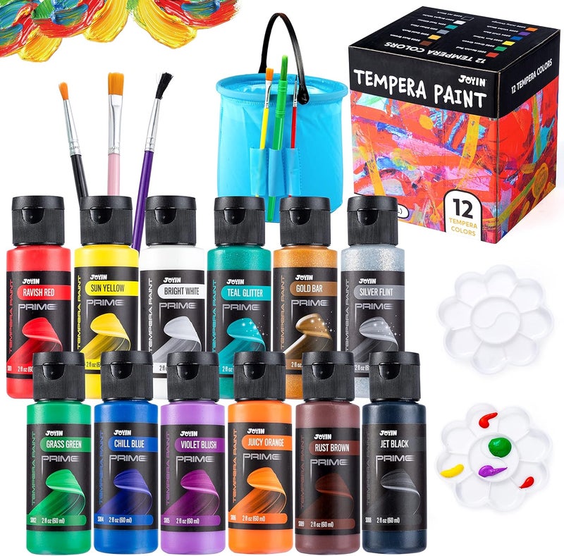 JOYIN 12PCS Washable Kids Tempera Paint Set (2 oz Each), Liquid Poster Paint With 6 Brushes, 2 Palette & 1 Clean Bucket, Non-Toxic for Finger Painting, Hobby Painters - Image 1
