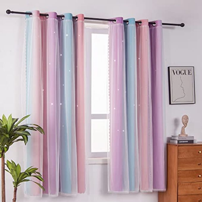FANLI Ombre Rainbow Blackout Curtains for Kid Girls Bedroom Living Room Darking Stripe Double Layer Star Cut Out Wall Home Decor Gradient Grommet Window Curtains (Pink Purple, 52W x 72L) - Image 1