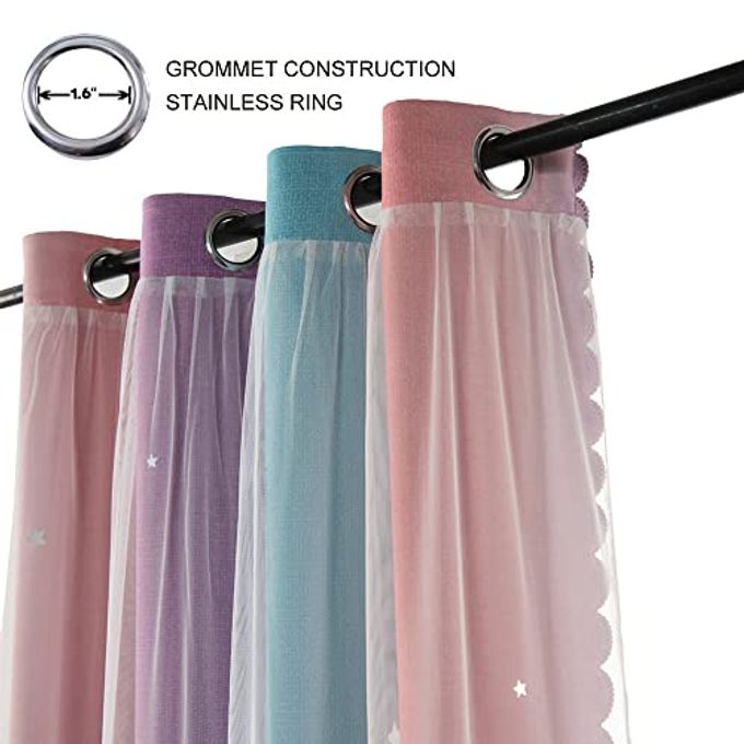 FANLI Ombre Rainbow Blackout Curtains for Kid Girls Bedroom Living Room Darking Stripe Double Layer Star Cut Out Wall Home Decor Gradient Grommet Window Curtains (Pink Purple, 52W x 72L) - Image 5