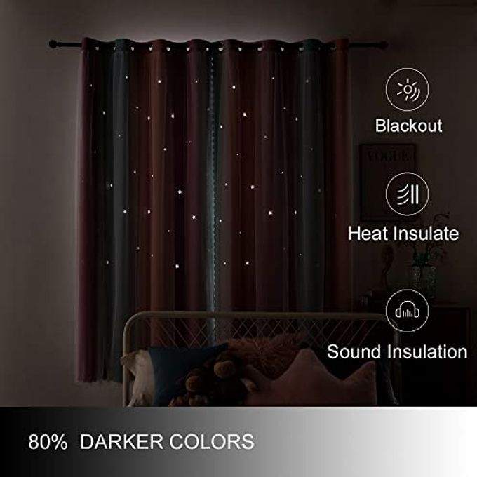 FANLI Ombre Rainbow Blackout Curtains for Kid Girls Bedroom Living Room Darking Stripe Double Layer Star Cut Out Wall Home Decor Gradient Grommet Window Curtains (Pink Purple, 52W x 72L) - Image 3