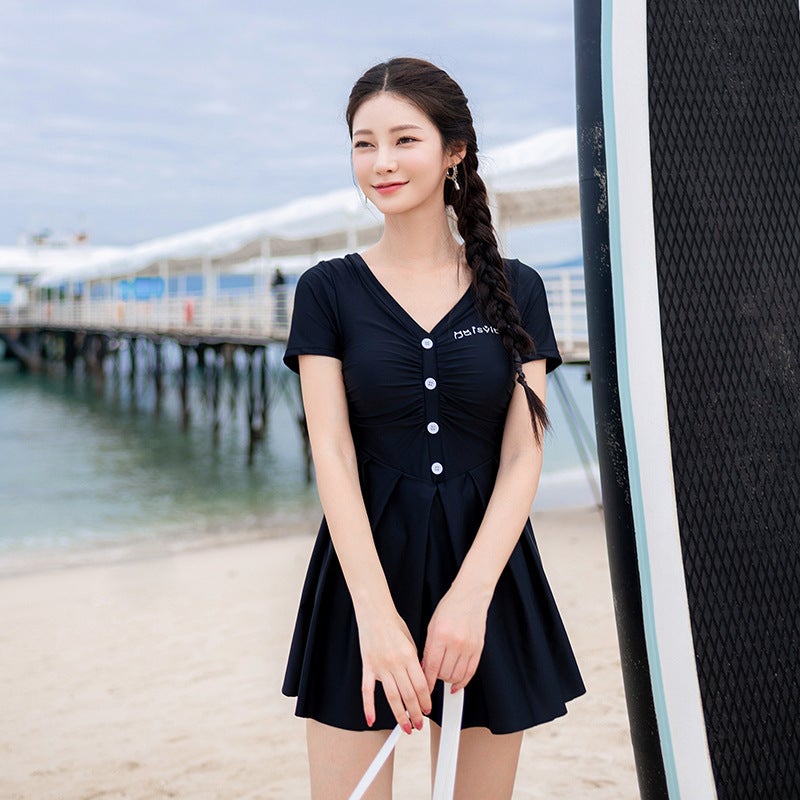 Women'S Sports Swimwear Sleeve Dress Half Sleeve Deep V Pure Black Conservative Large Size - Image 4