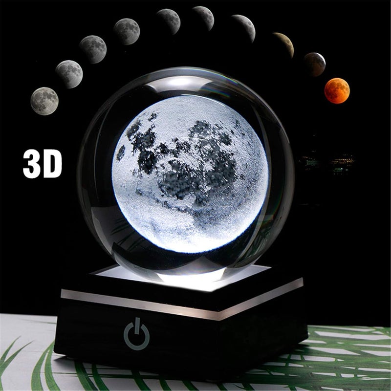 Qianwei 3D Moon Crystal Ball 80mm,Witchy Gifts Psychic Sphere Crystal Ball Amethyst Universe Crystal Ball 3.15"Laser Engraved with Led Lamp Stand Home Office Decor | 80mm 3.15" Glass Moon Lamp Decor Collectible Figurines Unique Birthday Sphere Gifts For Men Him Dad Physics Science Teacher - Image 4