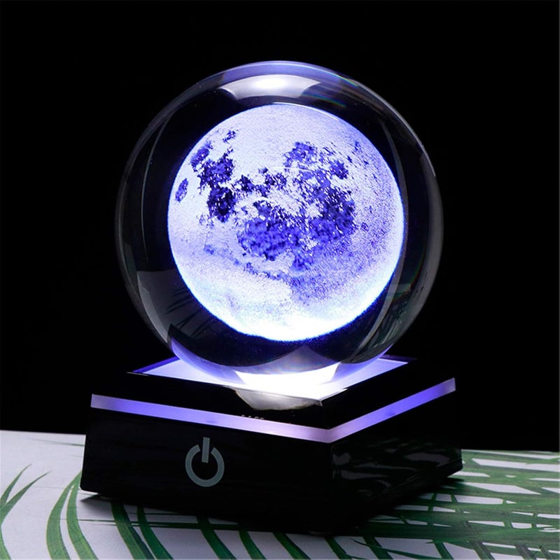 Qianwei 3D Moon Crystal Ball 80mm,Witchy Gifts Psychic Sphere Crystal Ball Amethyst Universe Crystal Ball 3.15"Laser Engraved with Led Lamp Stand Home Office Decor | 80mm 3.15" Glass Moon Lamp Decor Collectible Figurines Unique Birthday Sphere Gifts For Men Him Dad Physics Science Teacher - Image 1