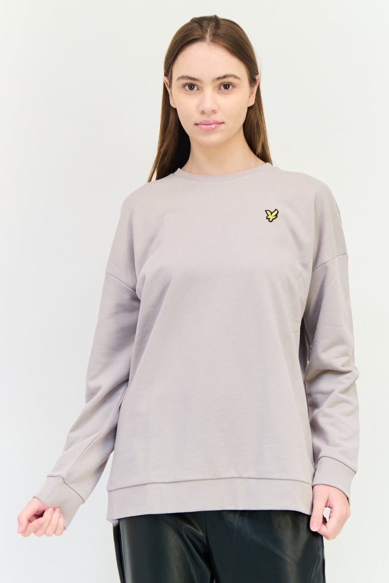 Lyle & Scott Women Crew Neck Long Sleeve Embroidered Logo Sweatshirts, Fawn Grey  - Image 1