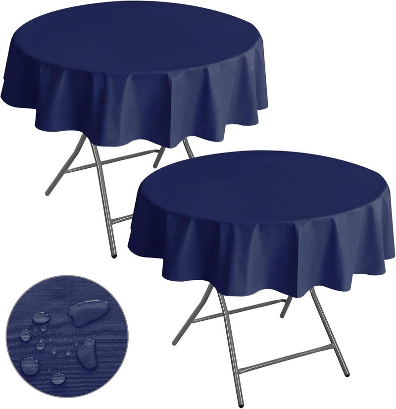 Nasitos 2 Pack Round Vinyl Tablecloth 60 Inch - Navy With Flannel Backing for Circular Tables, Dining, Buffet, Parties, Graduation - Disposable - Image 1