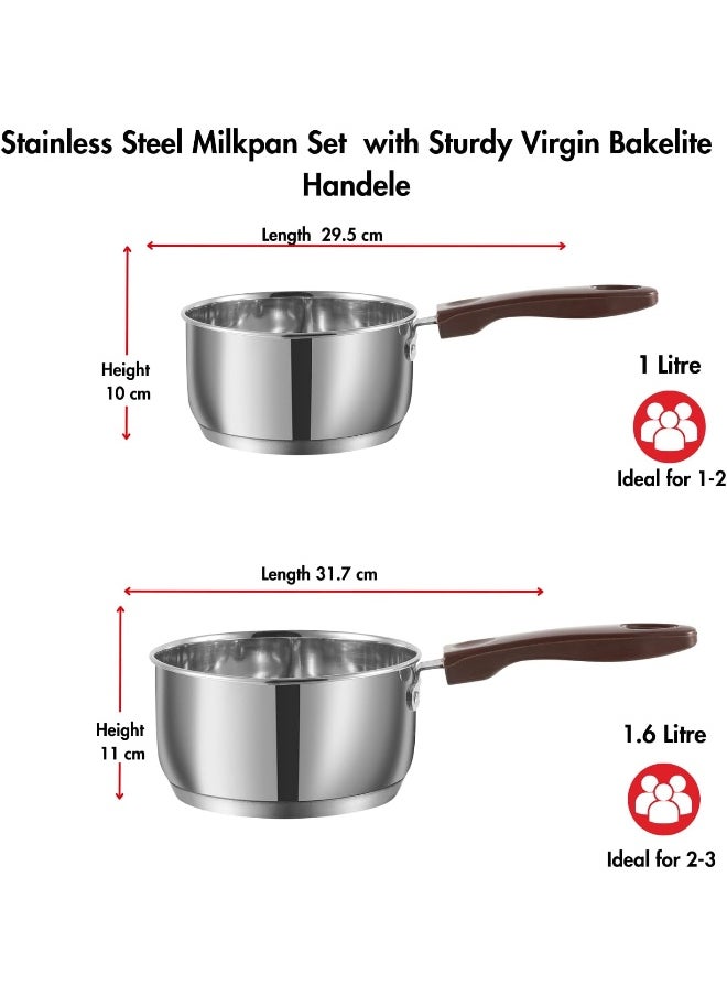 VINOD - Vinod Stainless Steel Milkpan/Saucepan Set of 2-1 Litre and 1.6 Litre, Tea/Chai Pan, Riveted Sturdy Handles, Induction and Gas Stove Friendly, SAS Bottom - Image 1