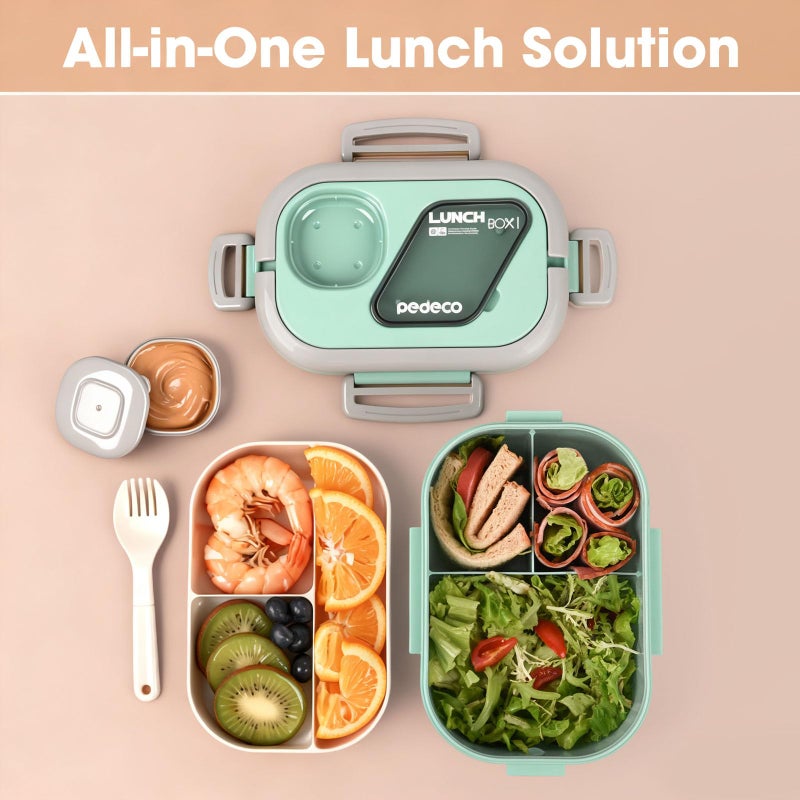 PEDECO Bento Box Set with Lunch Bag, Lunch Containers for Women&Men&Kids. Leakproof 3-Compartment and 2-Tier Stackable Container with Portable Sauce Pod, Microwave/Dishwasher Safe, BPA-Free (Green) - Image 5