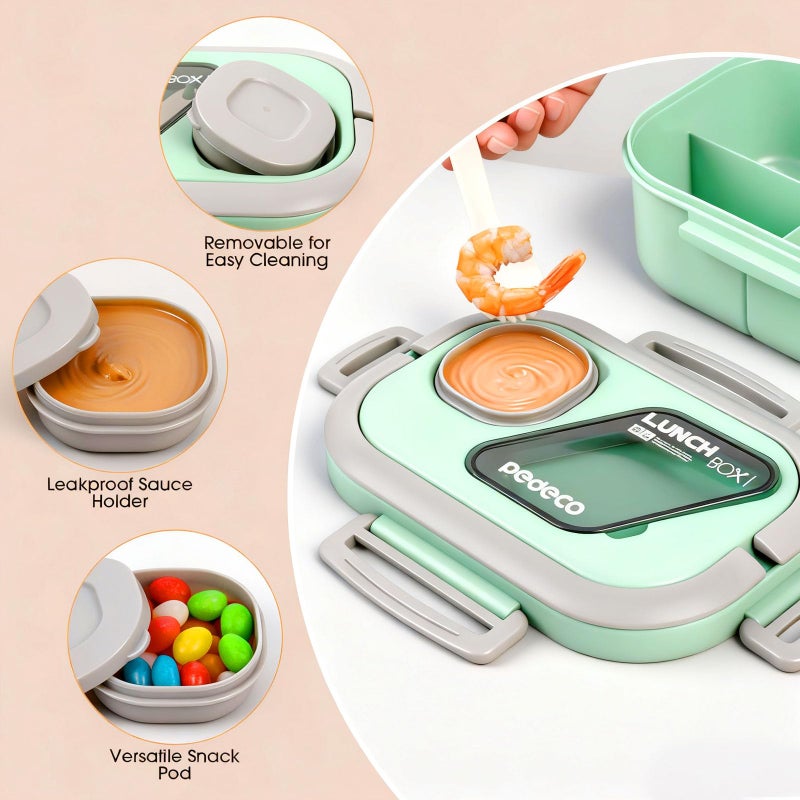 PEDECO Bento Box Set with Lunch Bag, Lunch Containers for Women&Men&Kids. Leakproof 3-Compartment and 2-Tier Stackable Container with Portable Sauce Pod, Microwave/Dishwasher Safe, BPA-Free (Green) - Image 2