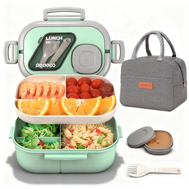PEDECO Bento Box Set with Lunch Bag, Lunch Containers for Women&Men&Kids. Leakproof 3-Compartment and 2-Tier Stackable Container with Portable Sauce Pod, Microwave/Dishwasher Safe, BPA-Free (Green) - Image 1
