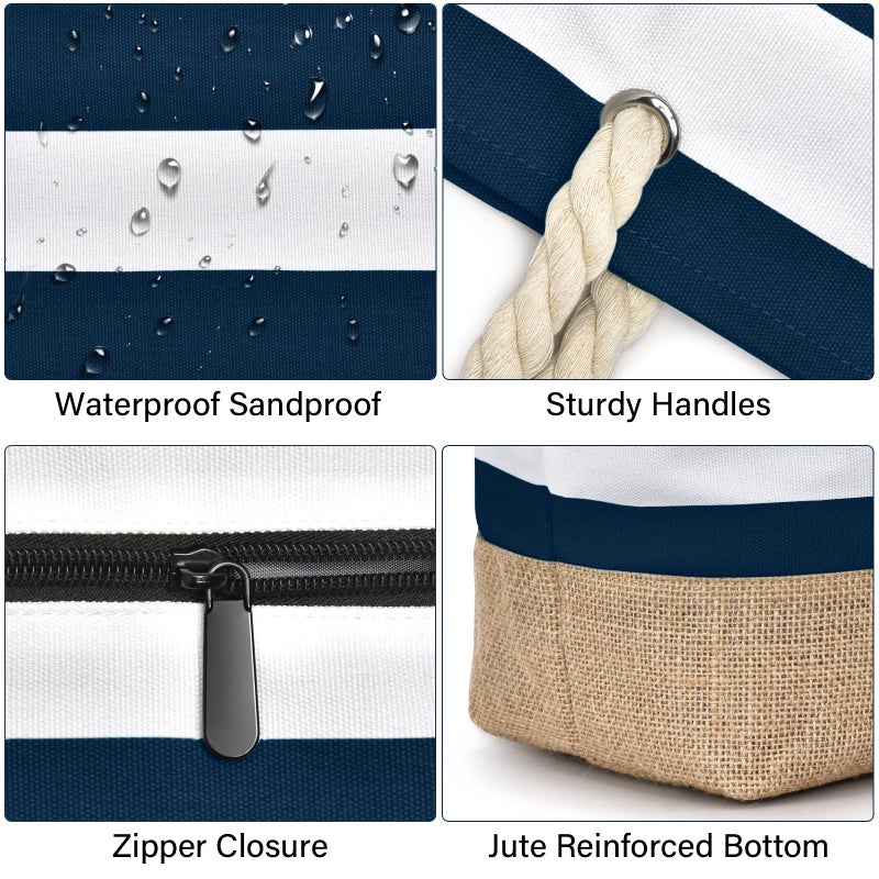 Becokan Beach Bags for Women Large Canvas Jute Beach Tote Bag Beach Bags Waterproof Sandproof Swim Pool Bag Beach Travel Essentials - Image 4