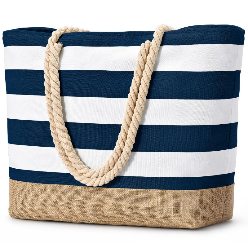 Becokan Beach Bags for Women Large Canvas Jute Beach Tote Bag Beach Bags Waterproof Sandproof Swim Pool Bag Beach Travel Essentials - Image 1