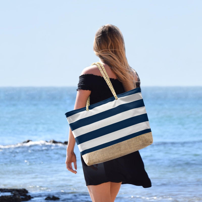Becokan Beach Bags for Women Large Canvas Jute Beach Tote Bag Beach Bags Waterproof Sandproof Swim Pool Bag Beach Travel Essentials - Image 2