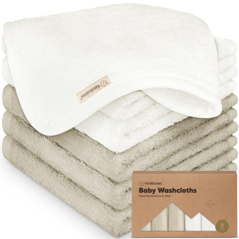 KeaBabies 6-Pack Baby Washcloths - Soft Absorbent Viscose from Bamboo Wash Cloths for Babies, Kids, Toddlers, Infant, Newborn Bath Towels, Gentle on Sensitive Skin, 10x10 Reusable Face Towels (White/Stone) - Image 1